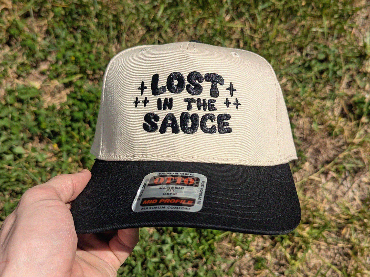 Lost in the Sauce Embroidered Trucker Cap - Otto Cap Funny Hat Raver Gift Music Festival 5 Panel Mid Profile Cap - Rave Hat Meme Hat Gift
