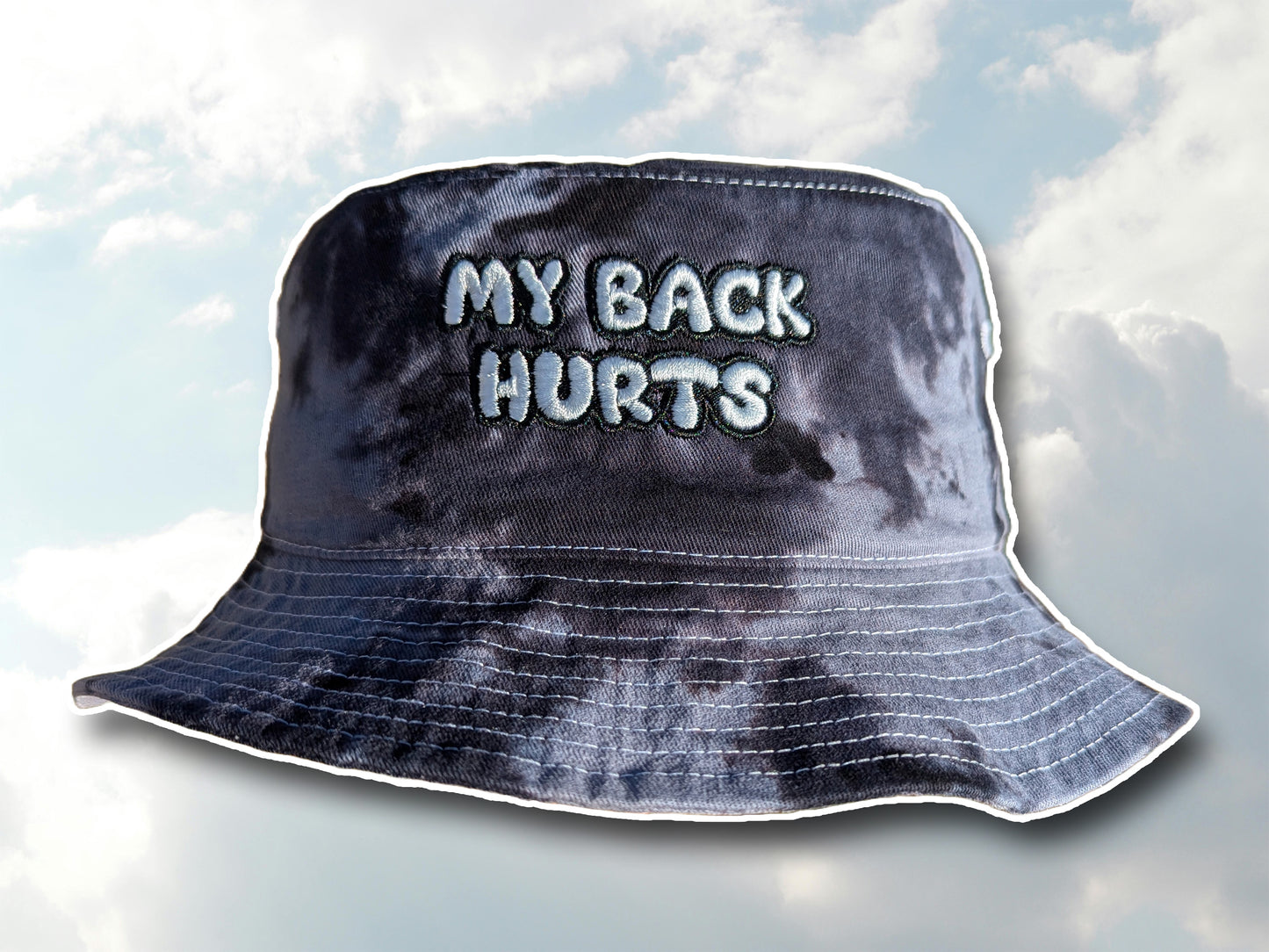 My Back Hurts - Embroidered Tie Dye Bucket Hat - Rave Outfit Accessory, Music Festival Gear, Funny EDM Raver Hat, Festival Gift Party Hat