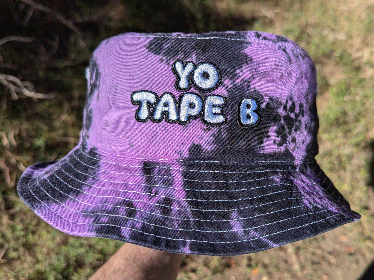 YO TAPE B - Embroidered Tie Dye Bucket Hat - Rave Outfit Accessory, Music Festival Gear, Funny EDM Raver Hat, Festival Gift Party Hat