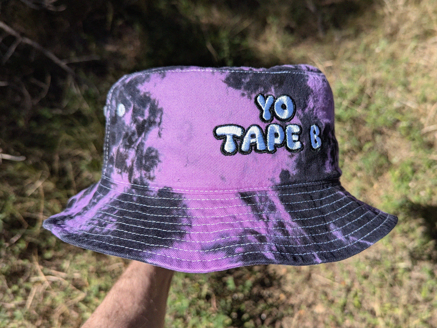 YO TAPE B - Embroidered Tie Dye Bucket Hat - Rave Outfit Accessory, Music Festival Gear, Funny EDM Raver Hat, Festival Gift Party Hat