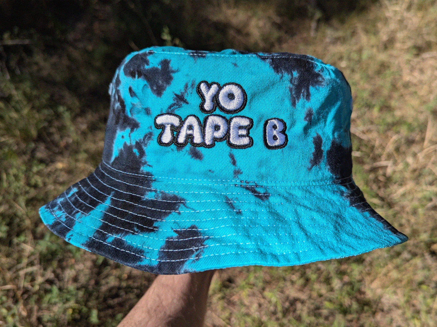 YO TAPE B - Embroidered Tie Dye Bucket Hat - Rave Outfit Accessory, Music Festival Gear, Funny EDM Raver Hat, Festival Gift Party Hat