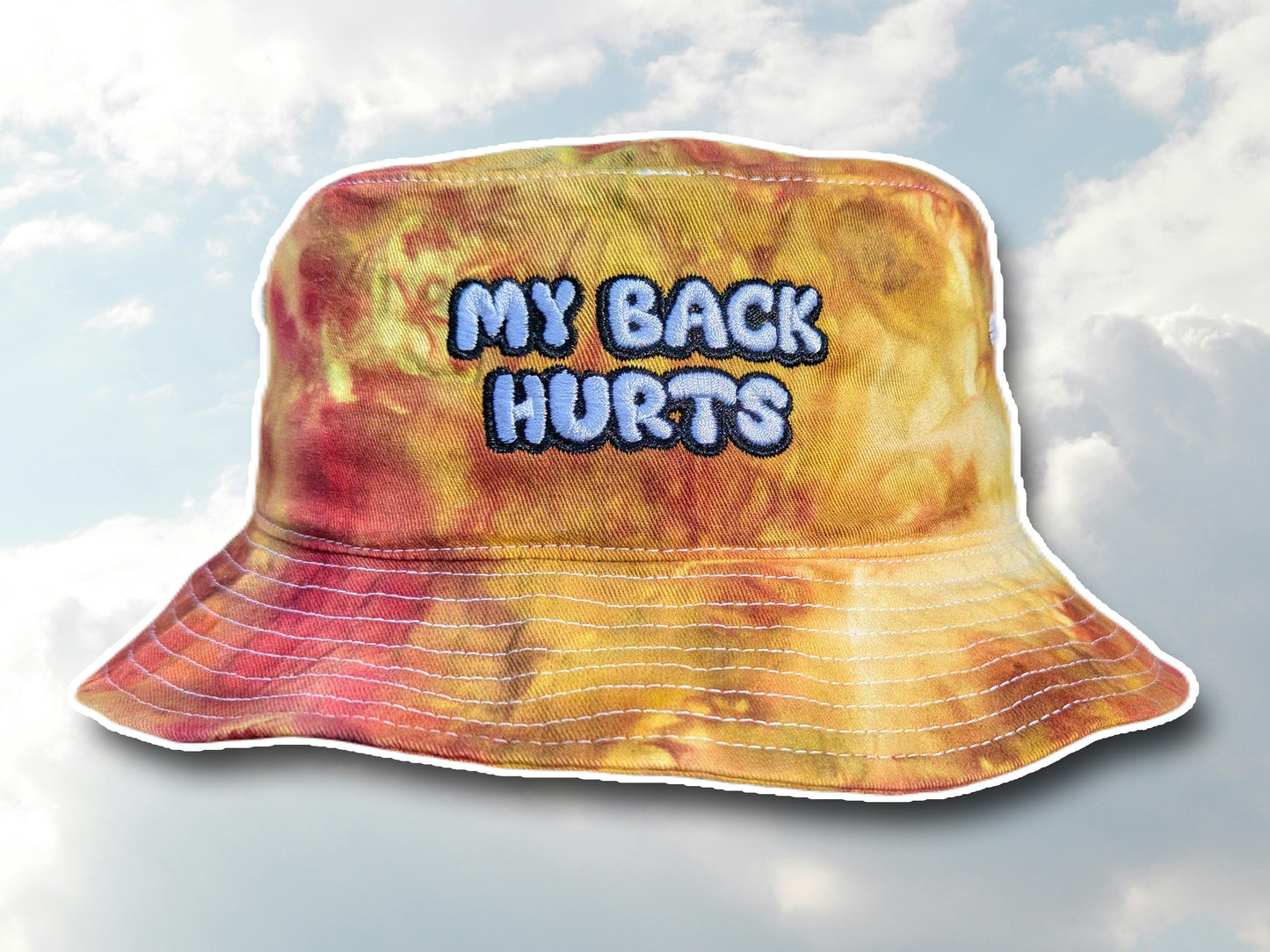 My Back Hurts - Embroidered Tie Dye Bucket Hat - Rave Outfit Accessory, Music Festival Gear, Funny EDM Raver Hat, Festival Gift Party Hat