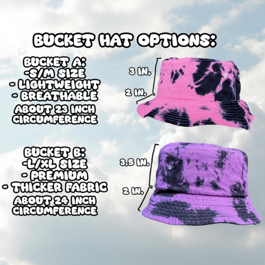 Two tie-dye bucket hats with size specifications on a light blue background