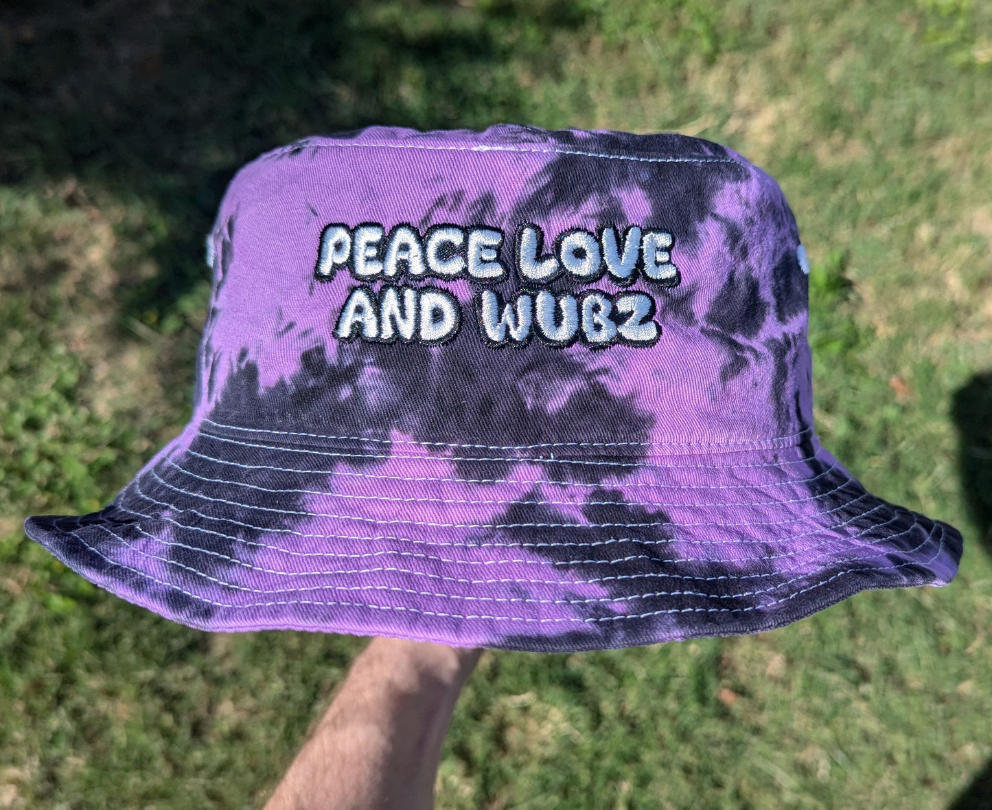 Peace Love and Wubz - Embroidered Tie Dye Bucket Hat - Rave Outfit Music Festival Hat Rave Gear Dubstep Bucket Hat Riddim Wook Hat Rave Gift