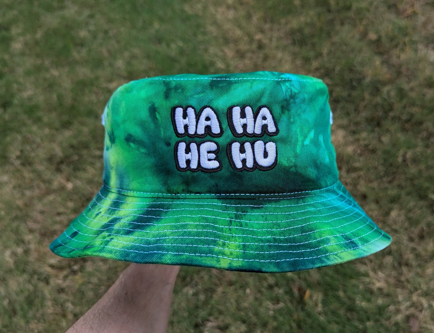 Ha Ha He Hu - Embroidered Tie Dye Bucket Hat - Rave Outfit Accessory, Music Festival Gear, Funny EDM Raver Hat, Festival Gift Party Hat