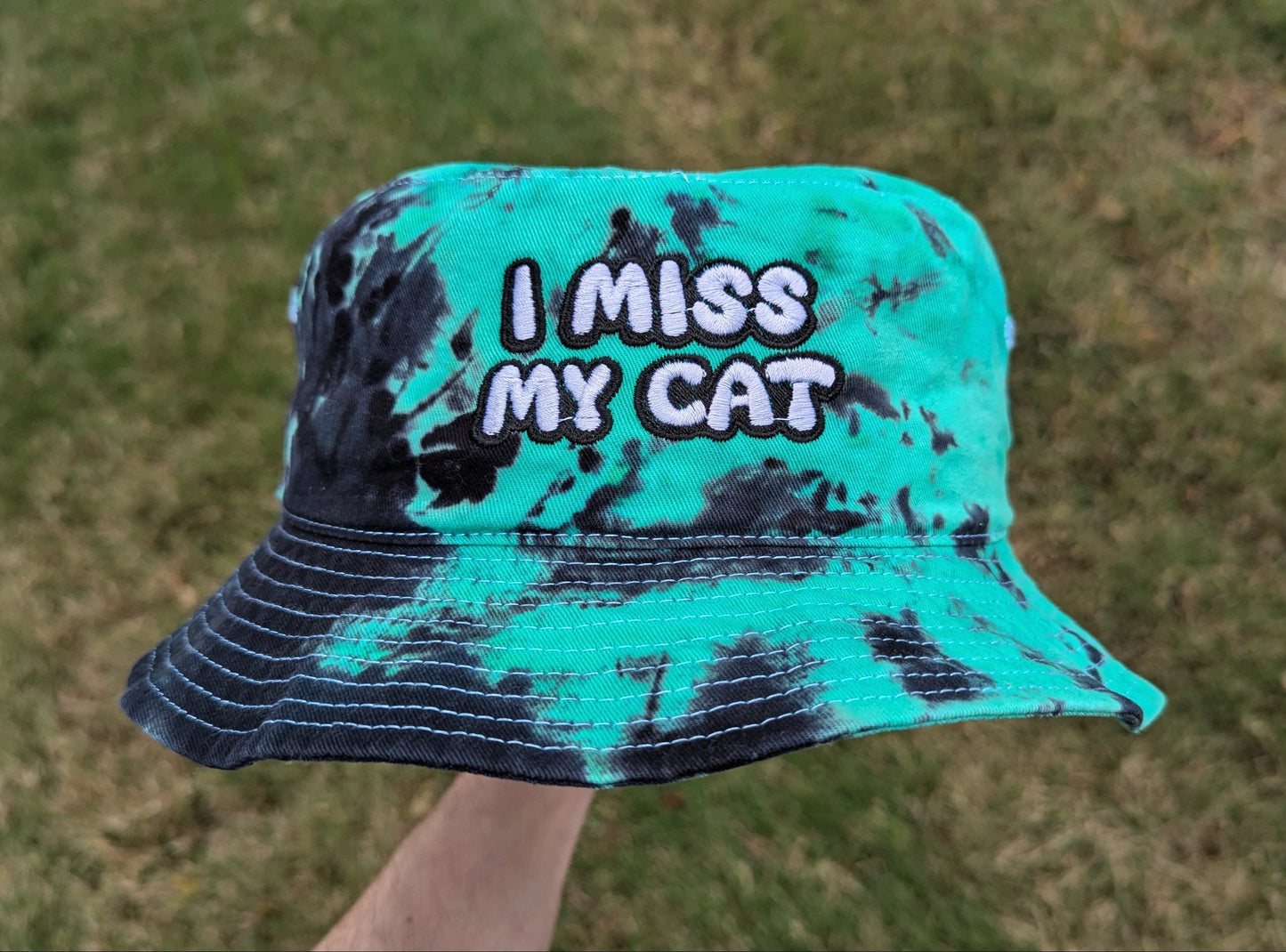 I Miss My Cat/Cats - Embroidered Tie Dye Bucket Hat - Rave Accessories Rave Outfit Rave Girl Gifts Cat Owner Hat Cat Gift Festival Fashion Cute Raver Hat
