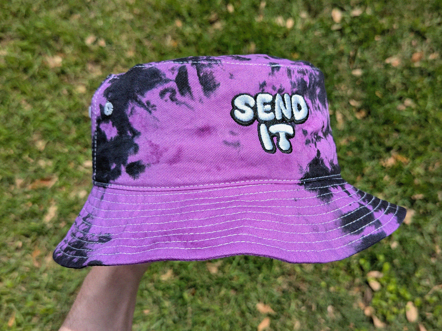 Send It - Embroidered Tie Dye Bucket Hat - Rave Outfit Accessory, Music Festival Gear, Funny EDM Raver Hat, Festival Gift Party Hat