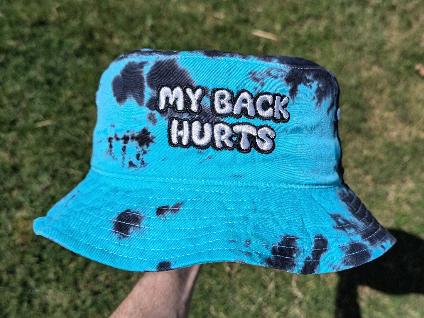My Back Hurts - Embroidered Tie Dye Bucket Hat - Rave Outfit Accessory, Music Festival Gear, Funny EDM Raver Hat, Festival Gift Party Hat
