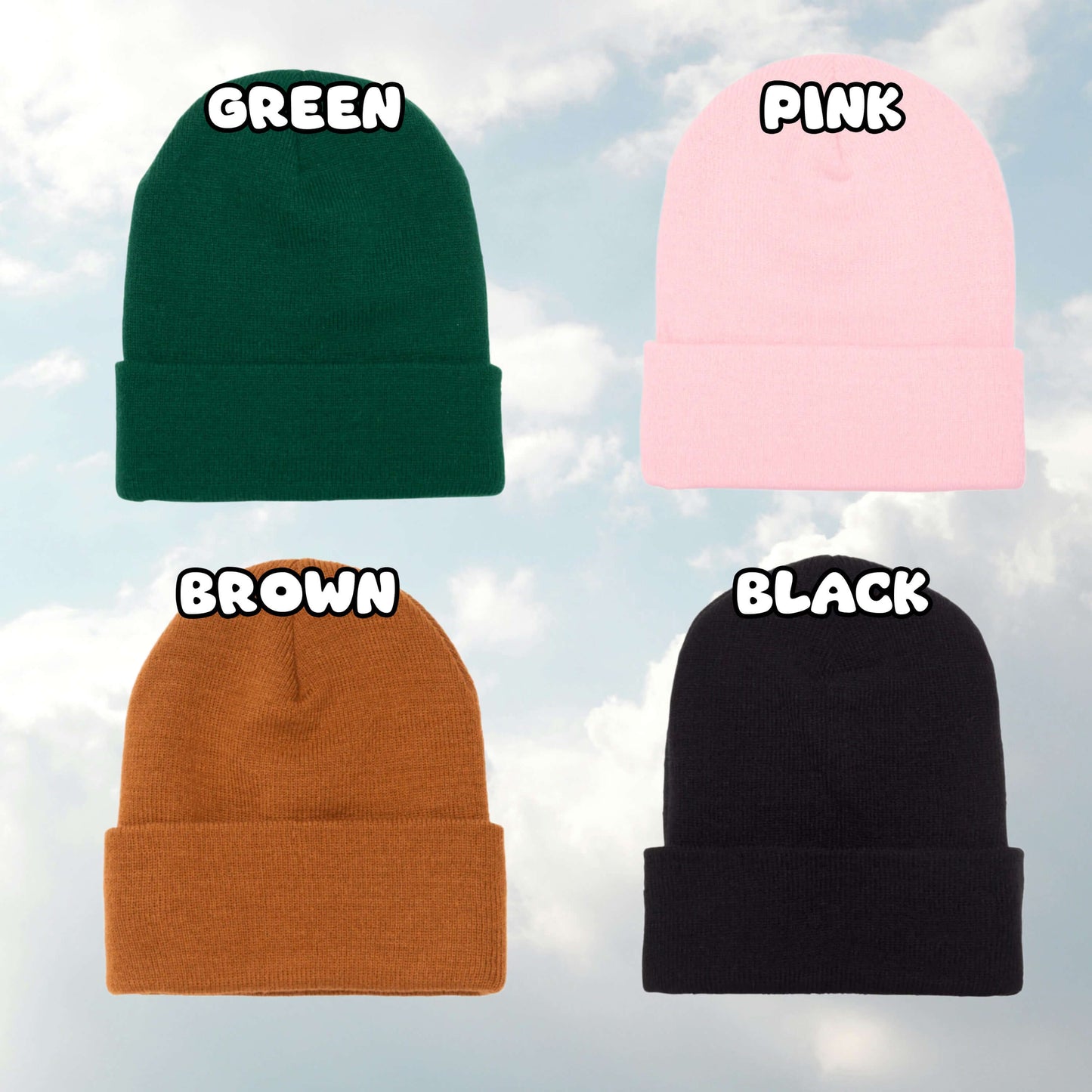 Four beanies in green, pink, brown, and black with labels on a cloudy sky background.