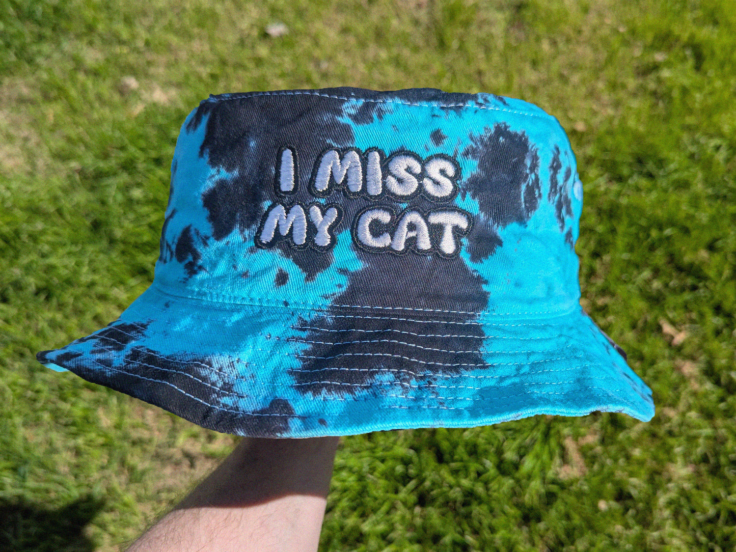 I Miss My Cat/Cats - Embroidered Tie Dye Bucket Hat - Rave Accessories Rave Outfit Rave Girl Gifts Cat Owner Hat Cat Gift Festival Fashion Cute Raver Hat