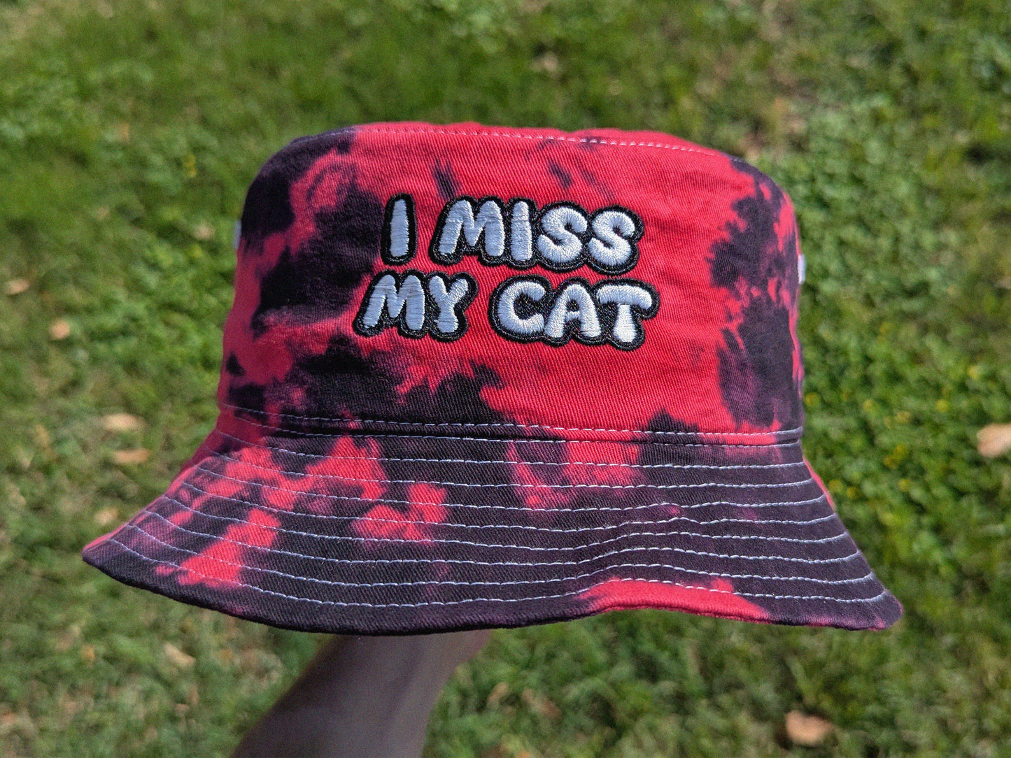 I Miss My Cat/Cats - Embroidered Tie Dye Bucket Hat - Rave Outfit Accessory, Music Festival Gear, Funny EDM Raver Hat, Festival Gift Party Hat
