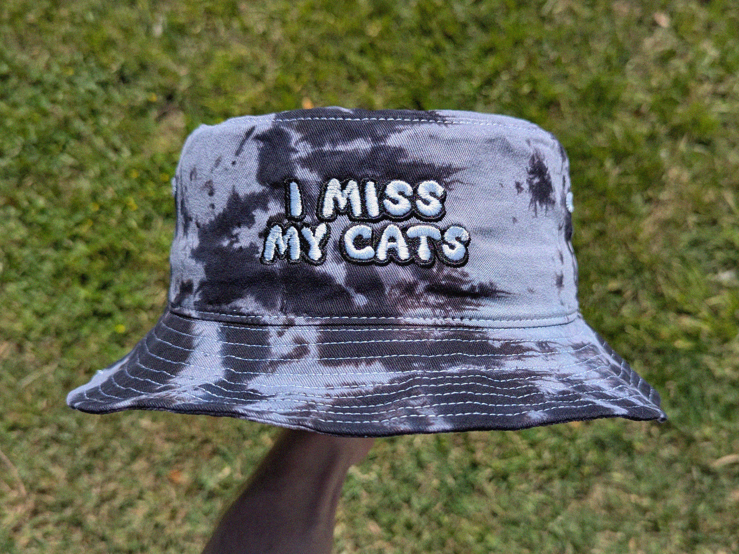 I Miss My Cat/Cats - Embroidered Tie Dye Bucket Hat - Rave Outfit Accessory, Music Festival Gear, Funny EDM Raver Hat, Festival Gift Party Hat