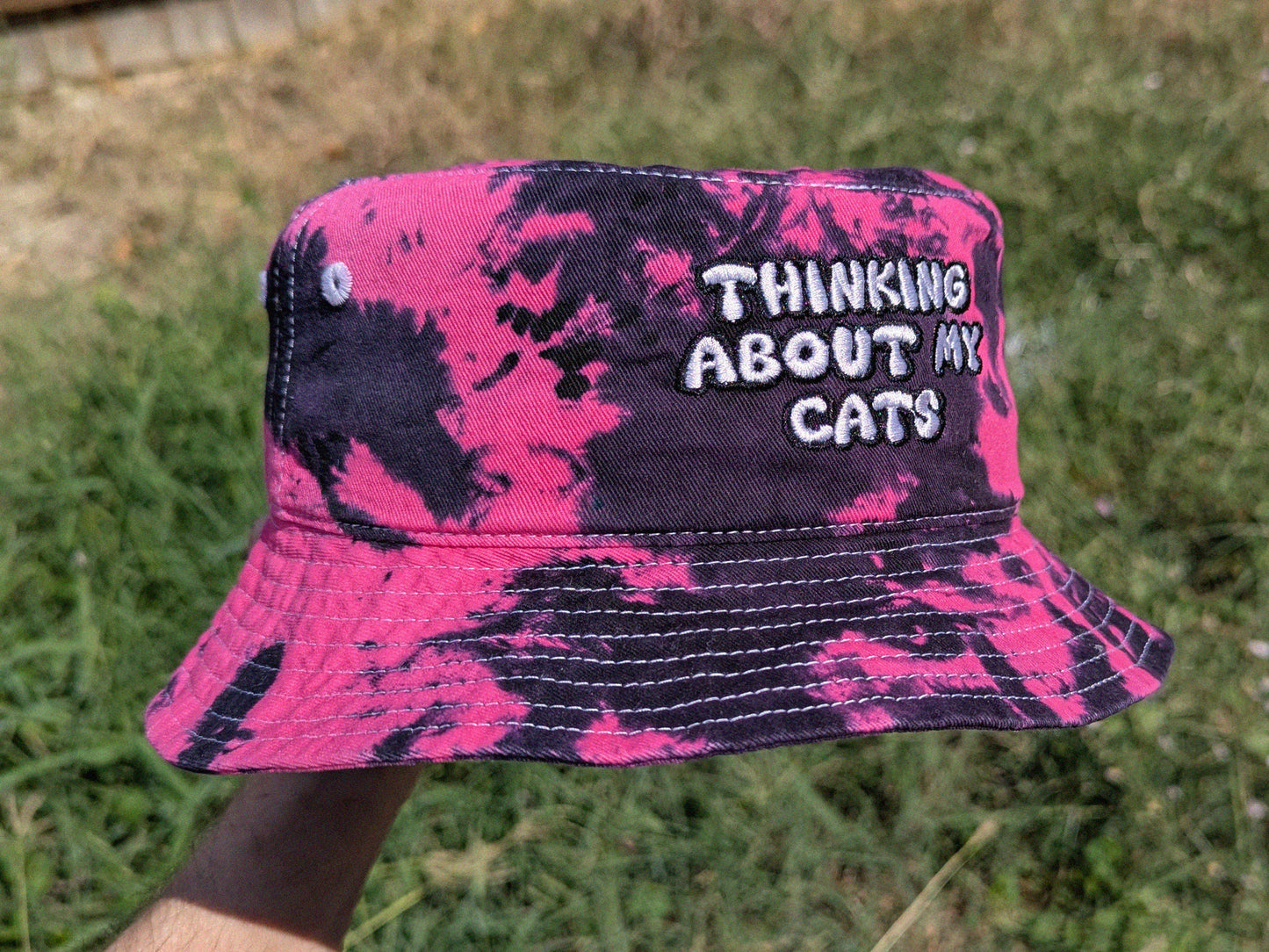 Thinking About My Cats - Embroidered Tie Dye Bucket Hat - Rave Accessories Rave Outfit Cat Owner Hat Cat Gift Cute Festival Hat EDM Dubstep