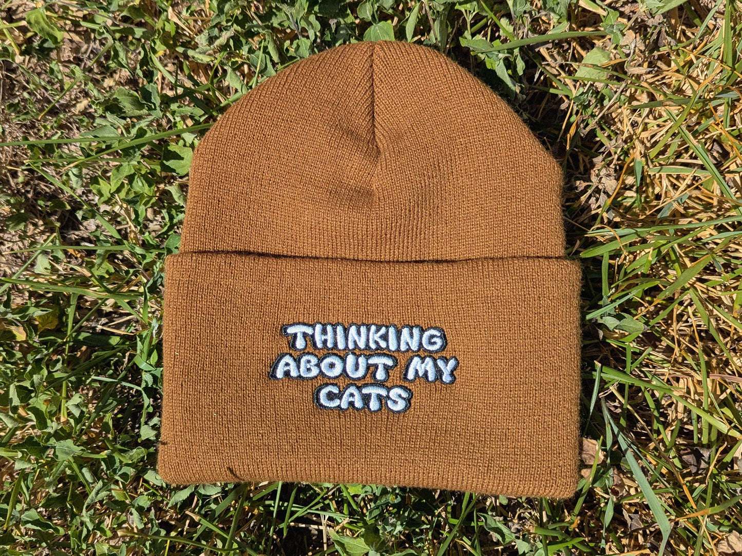 Thinking About My Cats Embroidered Beanie - Funny Cat Lover Hat Cute Winter Cap - Cat Mom Cat Dad Gift Crazy Cat Lady Headwear Pet Owner Hat