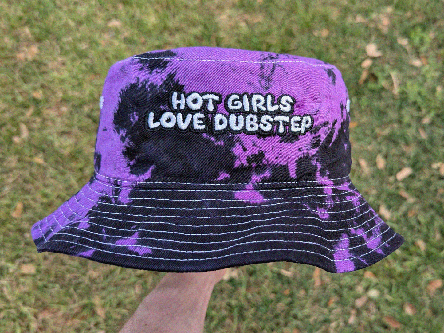 Hot Girls Love Dubstep - Embroidered Tie Dye Bucket Hat - Rave Outfit Accessory, Music Festival Gear, Funny EDM Raver Hat, Festival Gift Party Hat