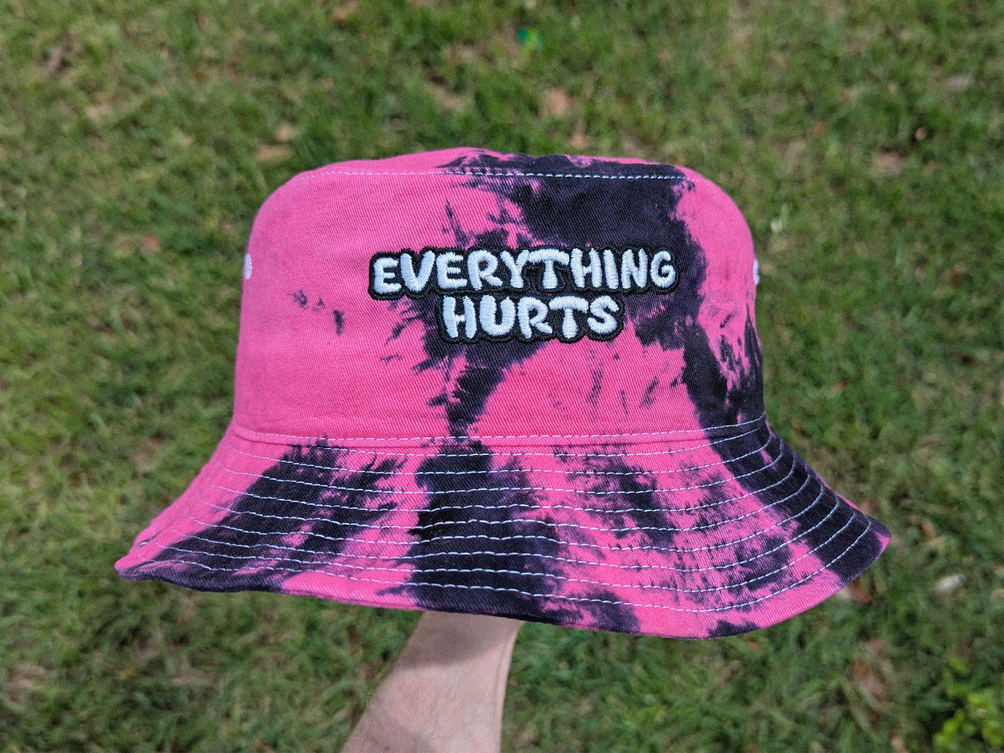 Everything Hurts - Embroidered Tie Dye Bucket Hat - Rave Outfit Accessory, Music Festival Gear, Funny EDM Raver Hat, Festival Gift Party Hat