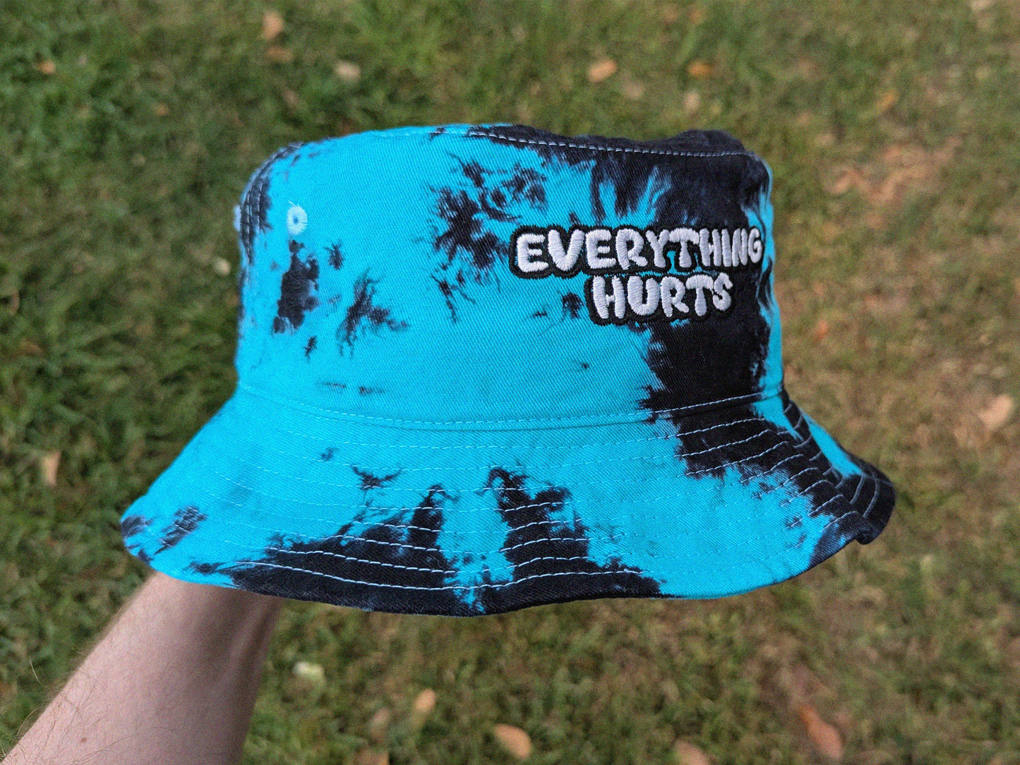 Everything Hurts - Embroidered Tie Dye Bucket Hat - Rave Outfit Accessory, Music Festival Gear, Funny EDM Raver Hat, Festival Gift Party Hat