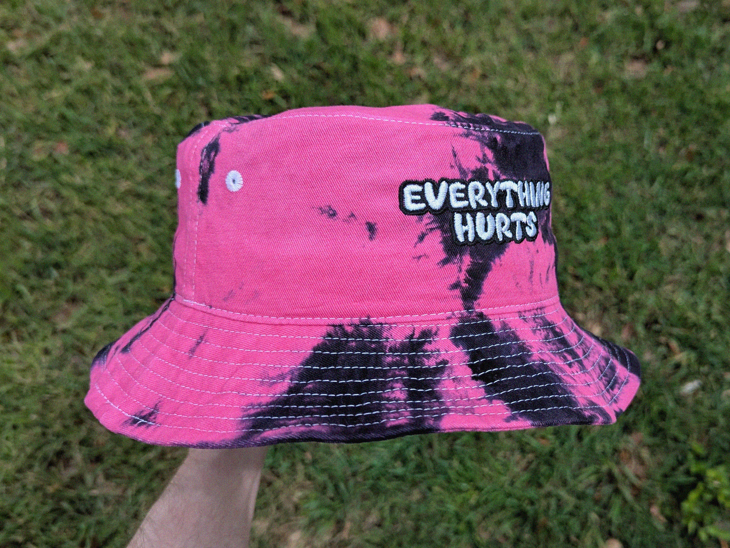 Everything Hurts - Embroidered Tie Dye Bucket Hat - Rave Outfit Accessory, Music Festival Gear, Funny EDM Raver Hat, Festival Gift Party Hat