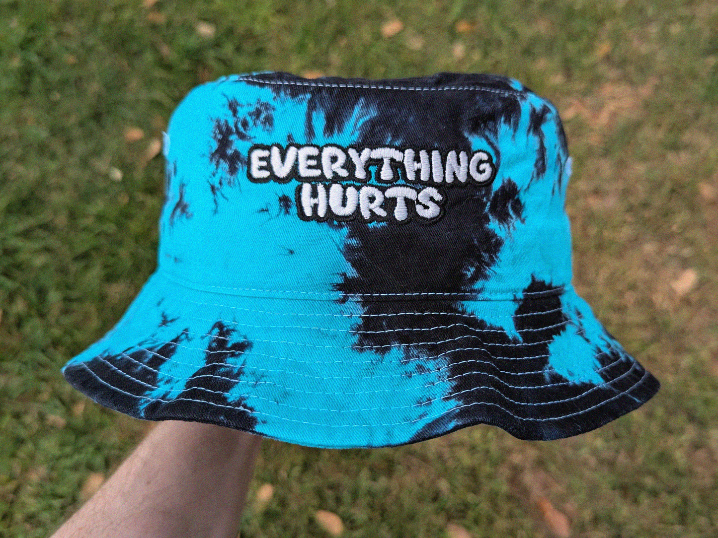 Everything Hurts - Embroidered Tie Dye Bucket Hat - Rave Outfit Accessory, Music Festival Gear, Funny EDM Raver Hat, Festival Gift Party Hat
