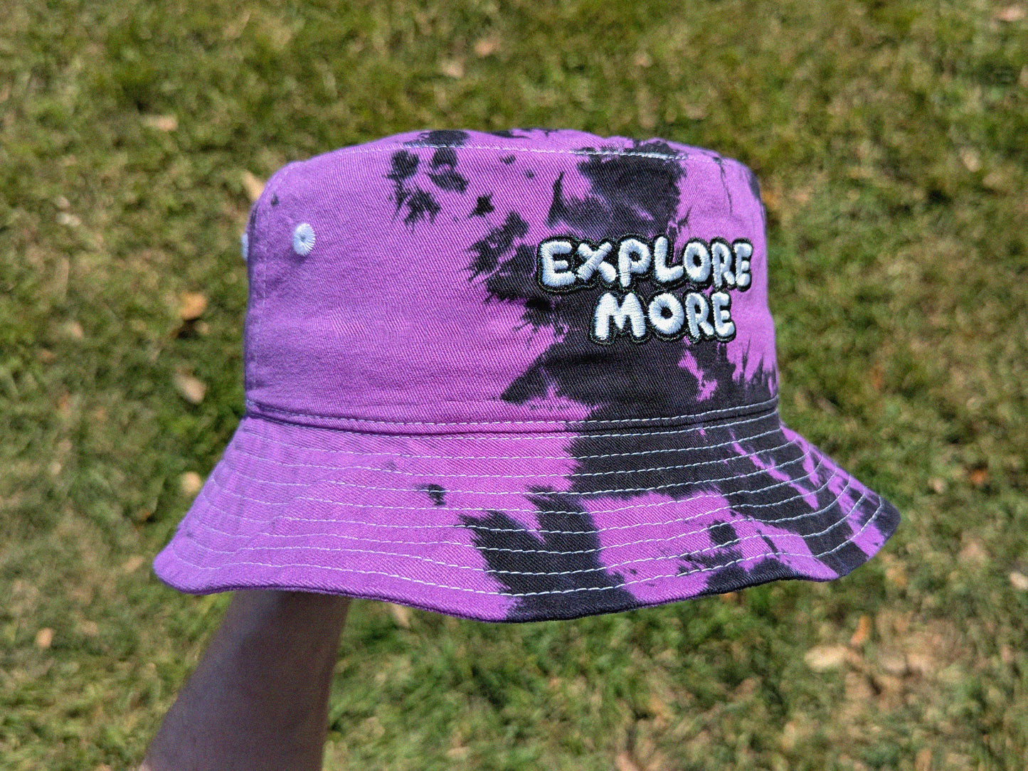 Explore More - Embroidered Tie Dye Bucket Hat - Hiking Sun Hat Travel Gear Outdoor Adventure Unisex Cap Summer Vacation Nature Wanderlust