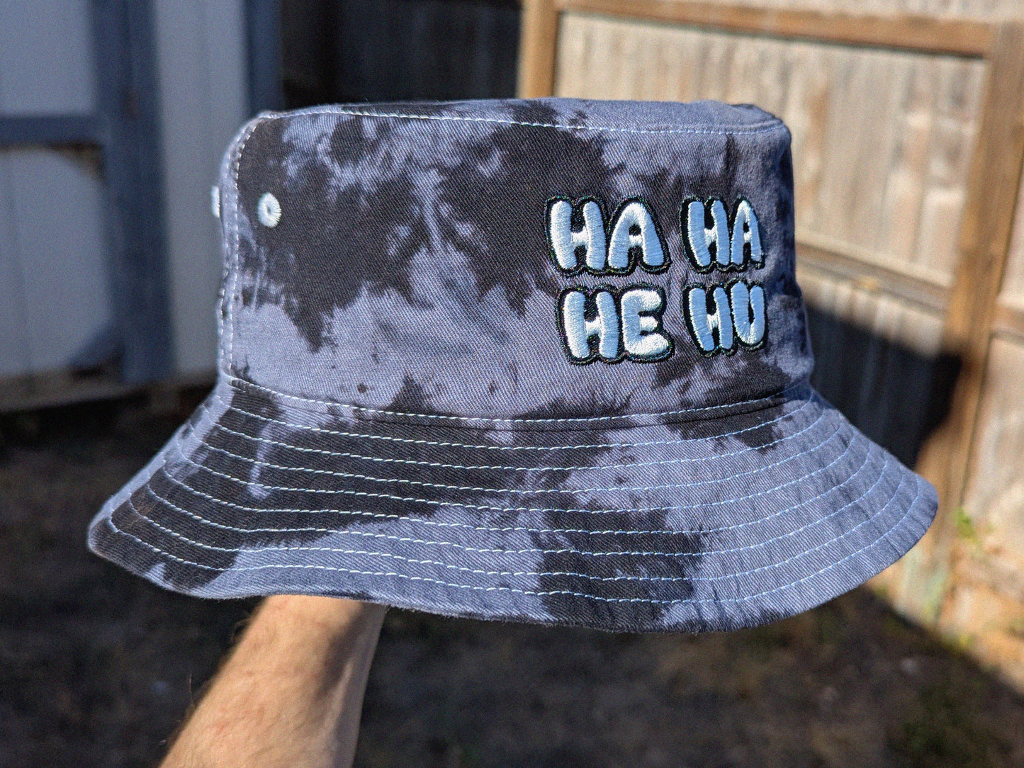 Ha Ha He Hu - Embroidered Tie Dye Bucket Hat - Rave Outfit Accessory, Music Festival Gear, Funny EDM Raver Hat, Festival Gift Party Hat