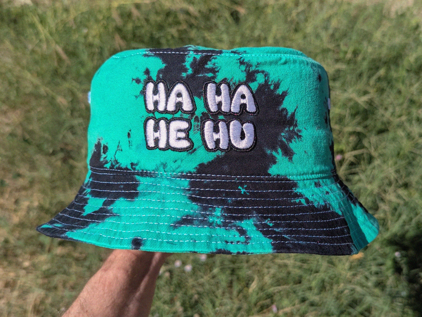 Ha Ha He Hu - Embroidered Tie Dye Bucket Hat - Rave Outfit Accessory, Music Festival Gear, Funny EDM Raver Hat, Festival Gift Party Hat