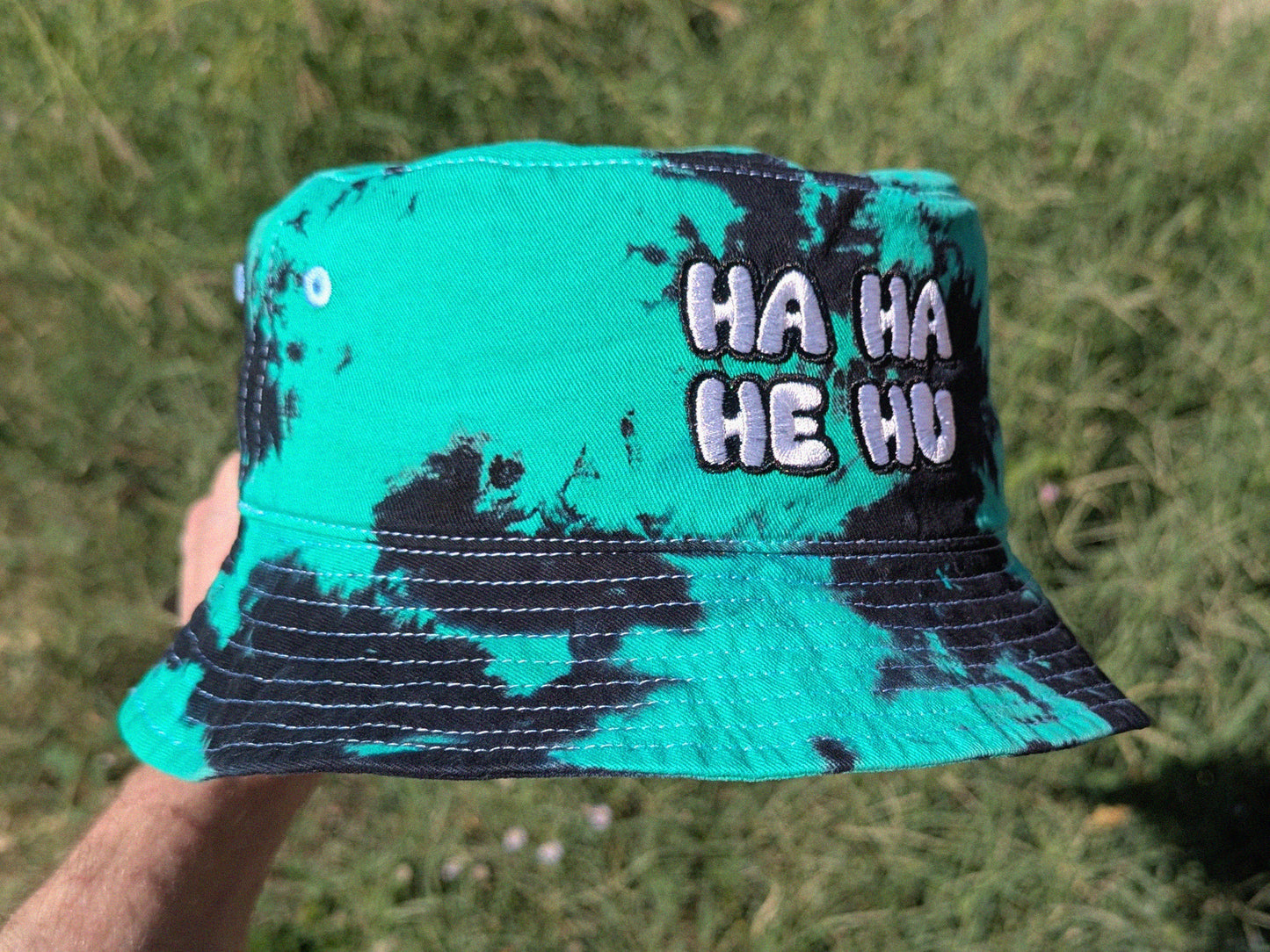 Ha Ha He Hu - Embroidered Tie Dye Bucket Hat - Rave Outfit Accessory, Music Festival Gear, Funny EDM Raver Hat, Festival Gift Party Hat