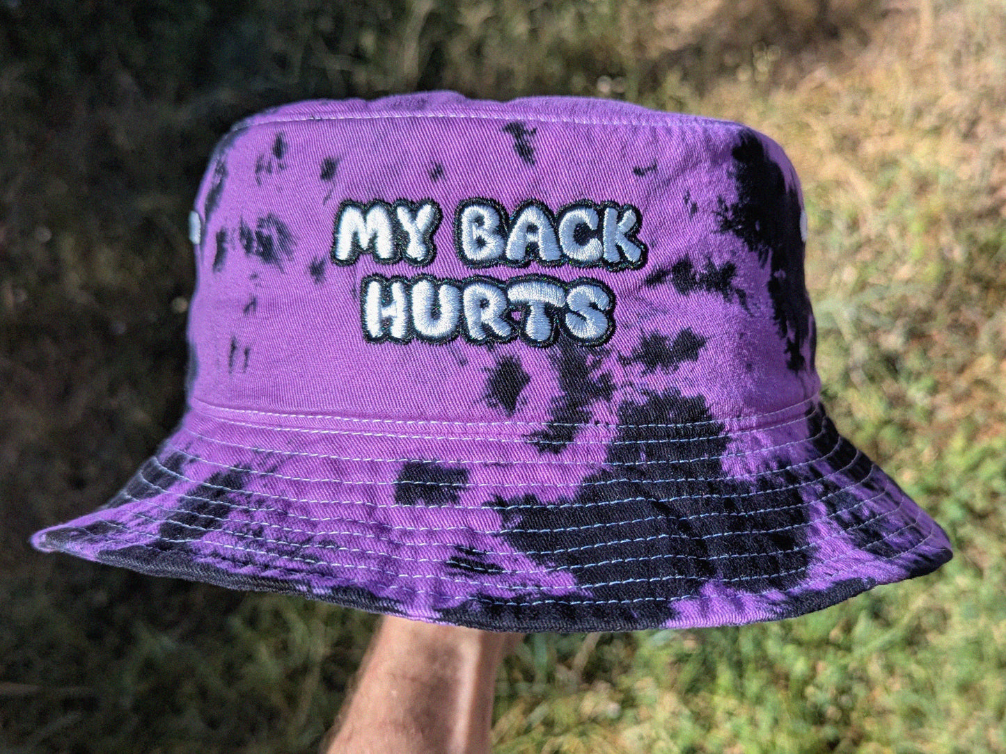 My Back Hurts - Embroidered Tie Dye Bucket Hat - Rave Outfit Accessory, Music Festival Gear, Funny EDM Raver Hat, Festival Gift Party Hat