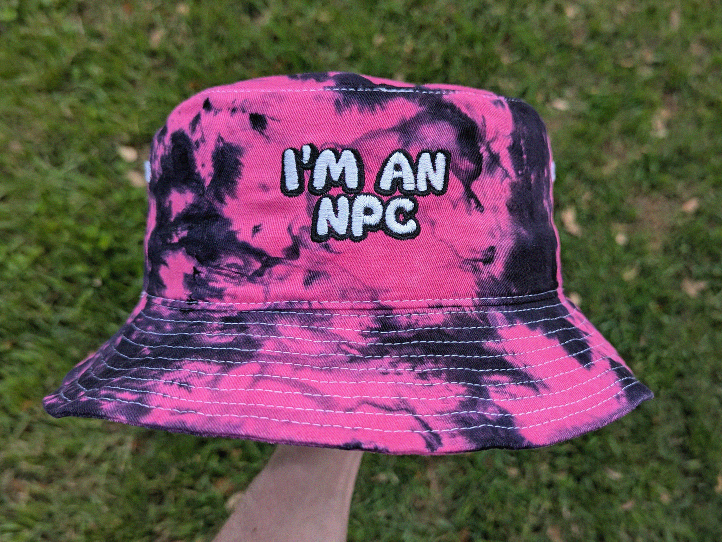 I'm an NPC - Embroidered Tie Dye Bucket Hat - Rave Outfit Accessory, Music Festival Gear, Funny EDM Raver Hat, Festival Gift Party Hat