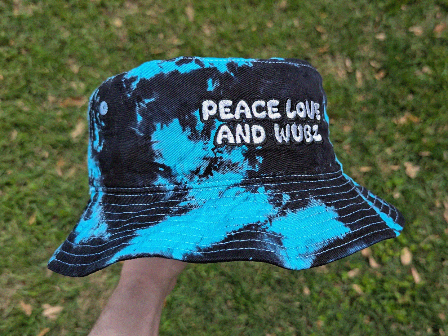 Peace Love and Wubz - Embroidered Tie Dye Bucket Hat - Rave Outfit Music Festival Hat Rave Gear Dubstep Bucket Hat Riddim Wook Hat Rave Gift