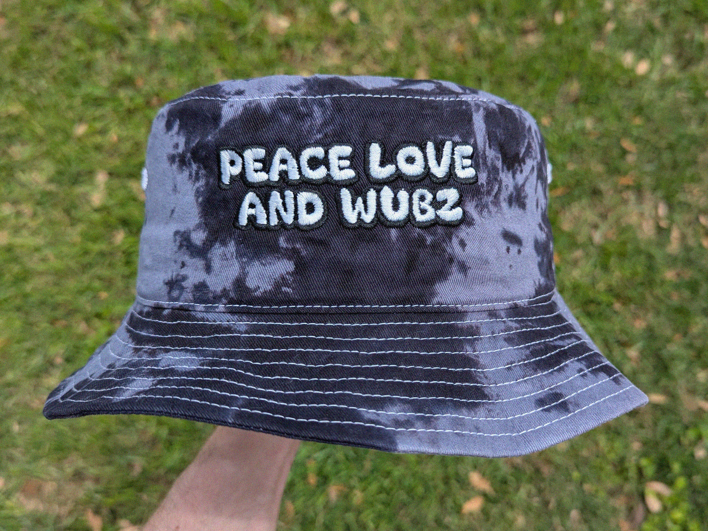 Peace Love and Wubz - Embroidered Tie Dye Bucket Hat - Rave Outfit Music Festival Hat Rave Gear Dubstep Bucket Hat Riddim Wook Hat Rave Gift