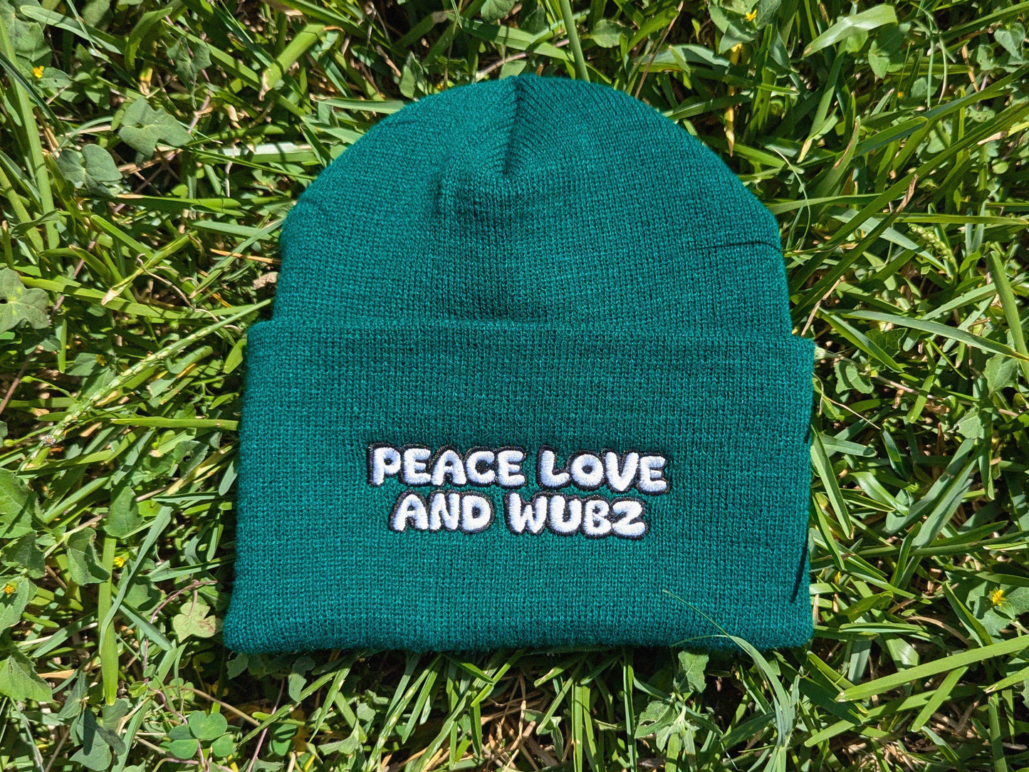 Peace Love and Wubz Embroidered Beanie Hat - Rave Festival Wear EDM Plur Wook Hat - Riddim Bass Music Dubstep Headwear Gift for Ravers