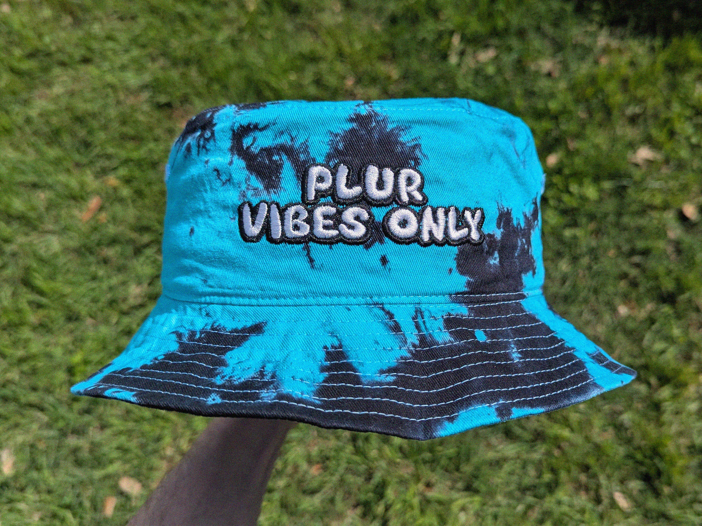 Plur Vibes Only - Embroidered Tie Dye Bucket Hat - Rave Outfit Accessory, Music Festival Gear, Funny EDM Raver Hat, Festival Gift Party Hat