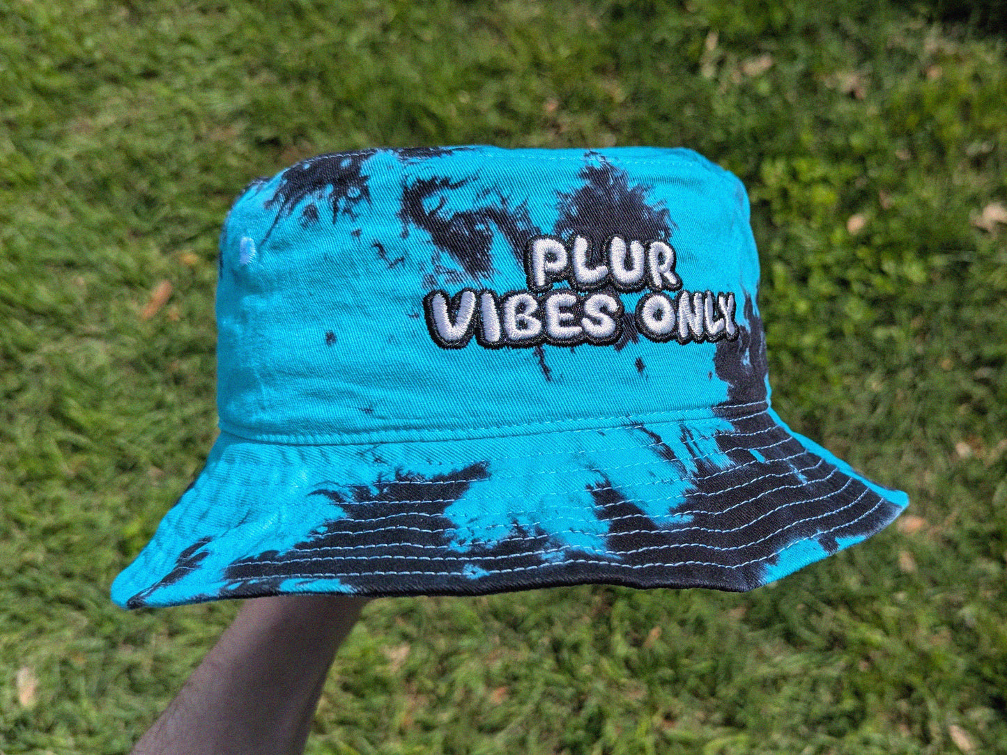 Plur Vibes Only - Embroidered Tie Dye Bucket Hat - Rave Outfit Accessory, Music Festival Gear, Funny EDM Raver Hat, Festival Gift Party Hat