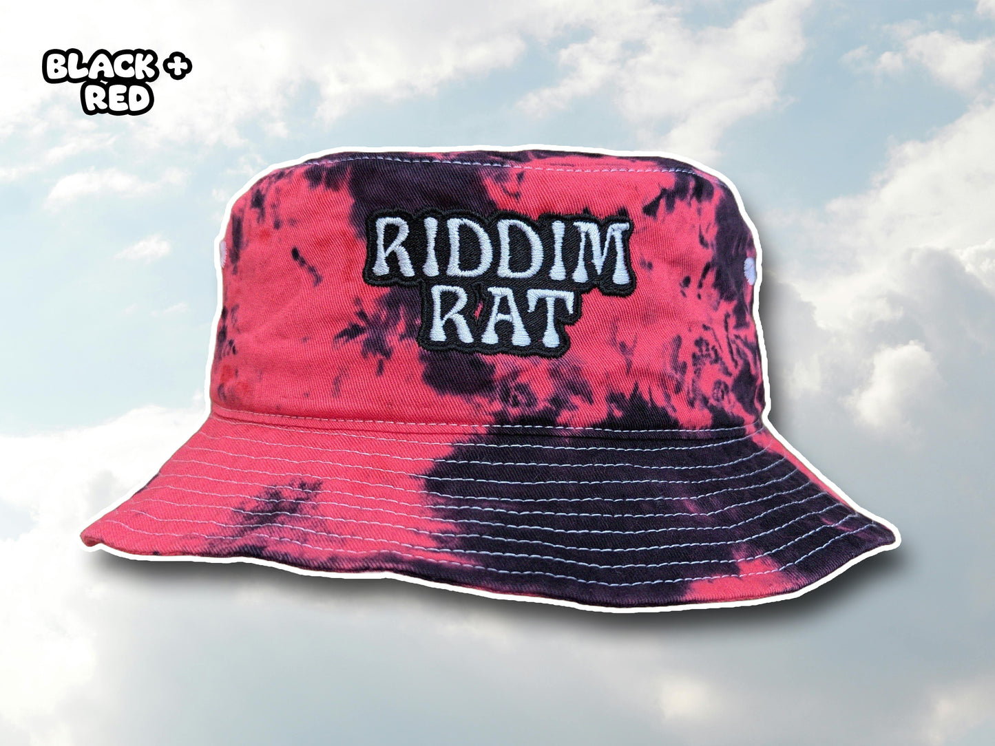 Riddim Rat - Embroidered Tie Dye Bucket Hat - Rave Outfit Accessory, Music Festival Gear, Funny EDM Raver Hat, Festival Gift Party Hat
