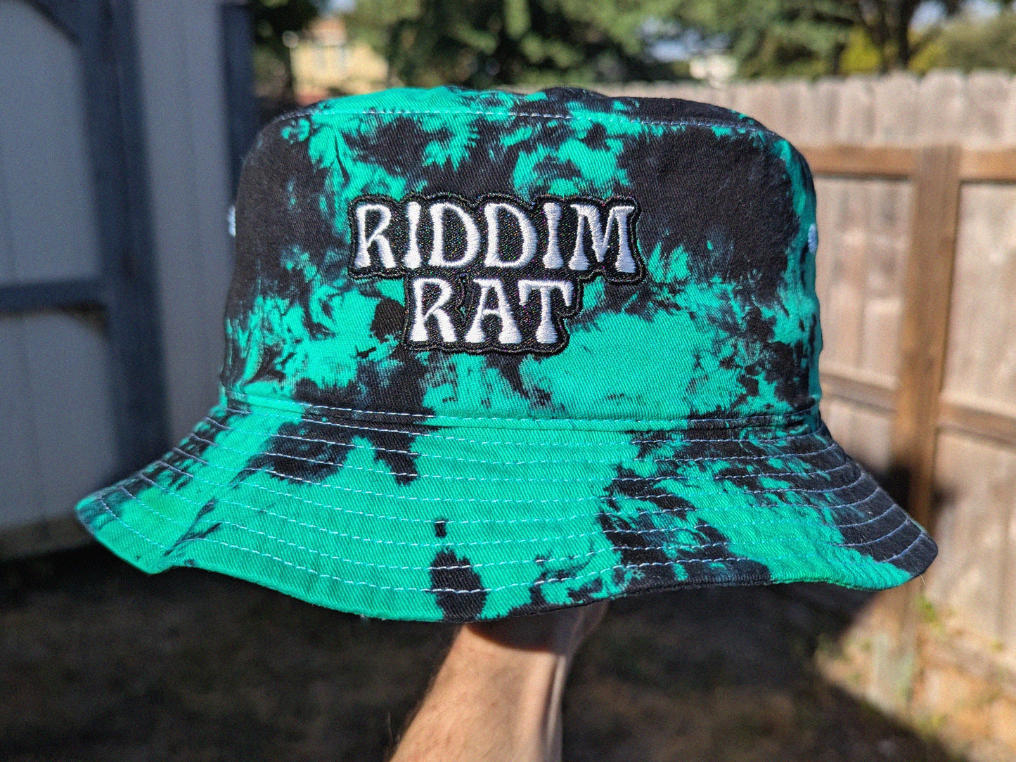Riddim Rat - Embroidered Tie Dye Bucket Hat - Rave Outfit Accessory, Music Festival Gear, Funny EDM Raver Hat, Festival Gift Party Hat