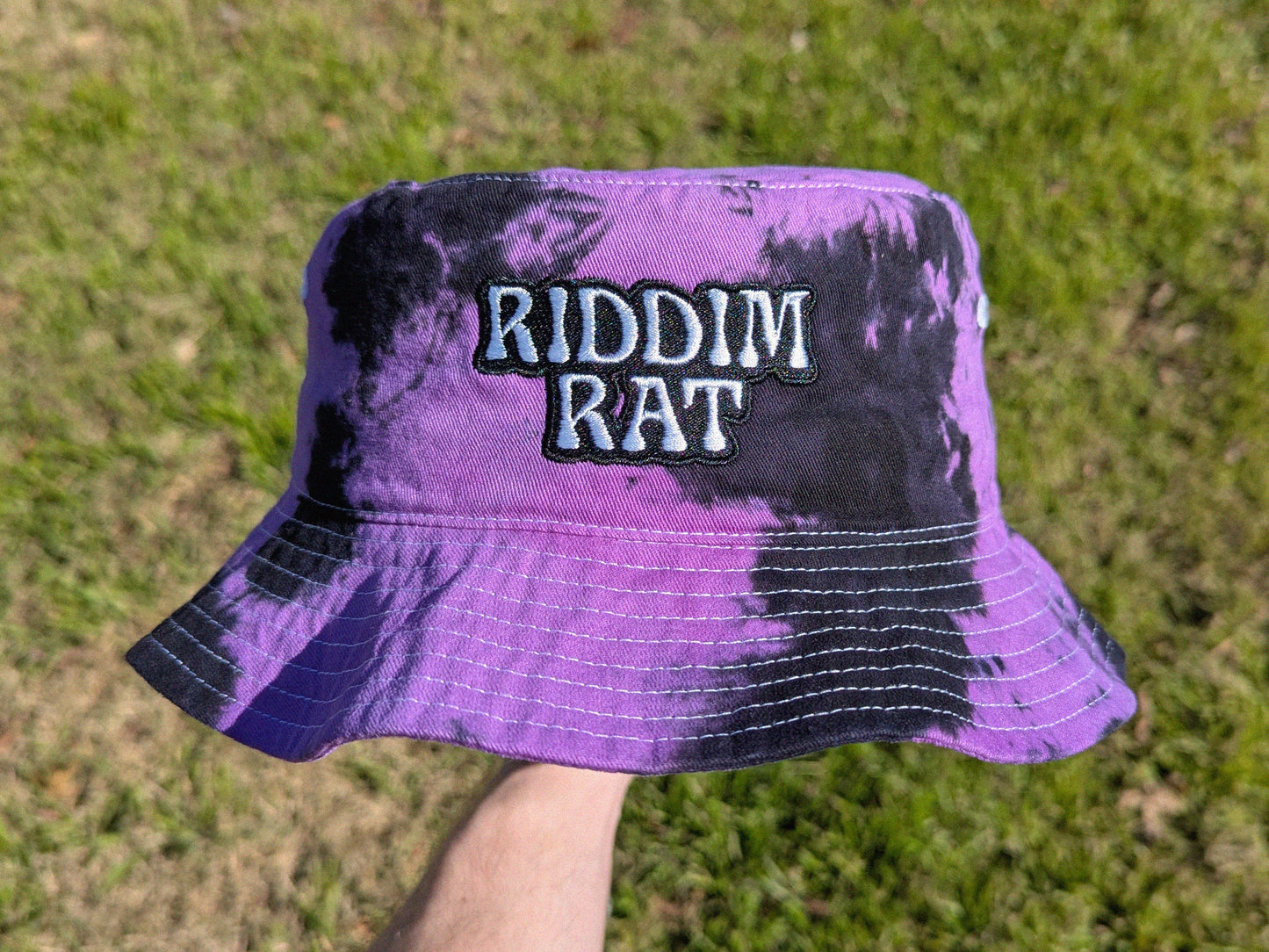 Riddim Rat - Embroidered Tie Dye Bucket Hat - Rave Outfit Accessory, Music Festival Gear, Funny EDM Raver Hat, Festival Gift Party Hat