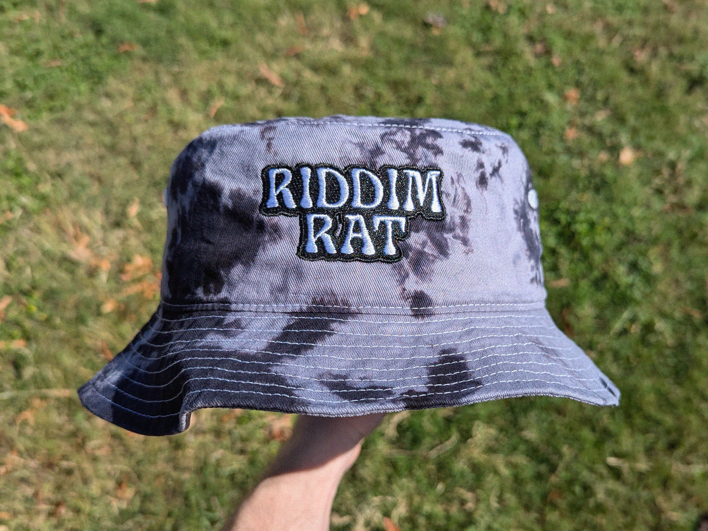 Riddim Rat - Embroidered Tie Dye Bucket Hat - Rave Outfit Accessory, Music Festival Gear, Funny EDM Raver Hat, Festival Gift Party Hat