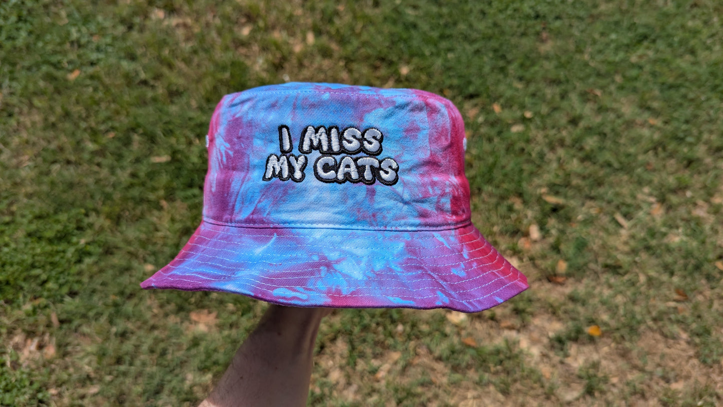 I Miss My Cat/Cats - Embroidered Tie Dye Bucket Hat - Rave Outfit Accessory, Music Festival Gear, Funny EDM Raver Hat, Festival Gift Party Hat