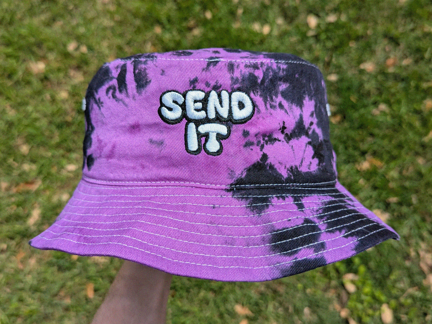 Send It - Embroidered Tie Dye Bucket Hat - Rave Outfit Accessory, Music Festival Gear, Funny EDM Raver Hat, Festival Gift Party Hat
