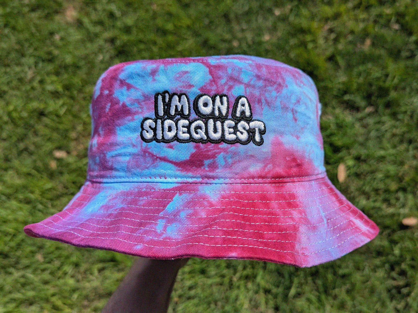 I'm On A Sidequest - Embroidered Tie Dye Bucket Hat - Rave Outfit Accessory, Music Festival Gear, Funny EDM Raver Hat, Festival Gift Party Hat