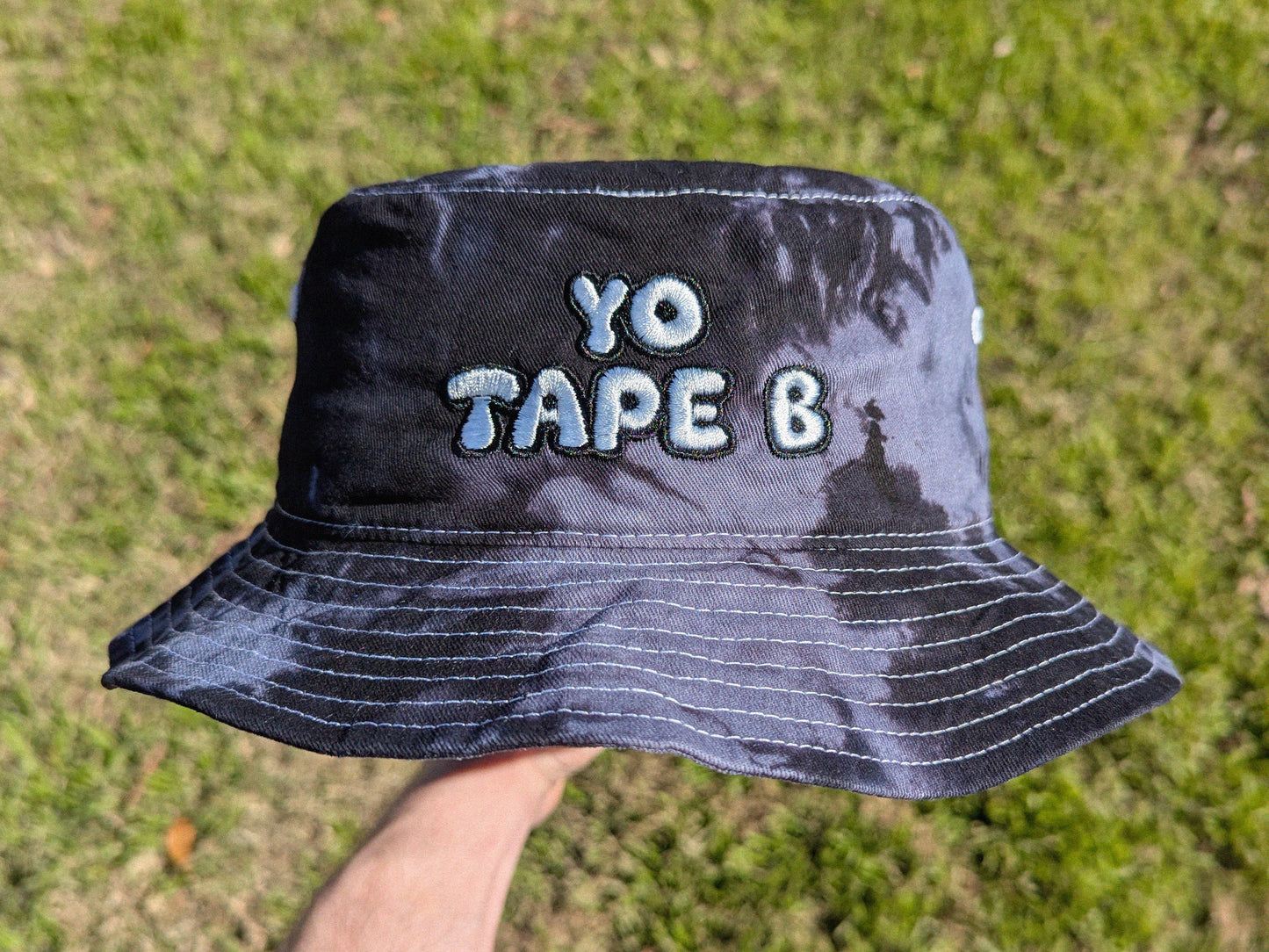 YO TAPE B - Embroidered Tie Dye Bucket Hat - Rave Outfit Accessory, Music Festival Gear, Funny EDM Raver Hat, Festival Gift Party Hat