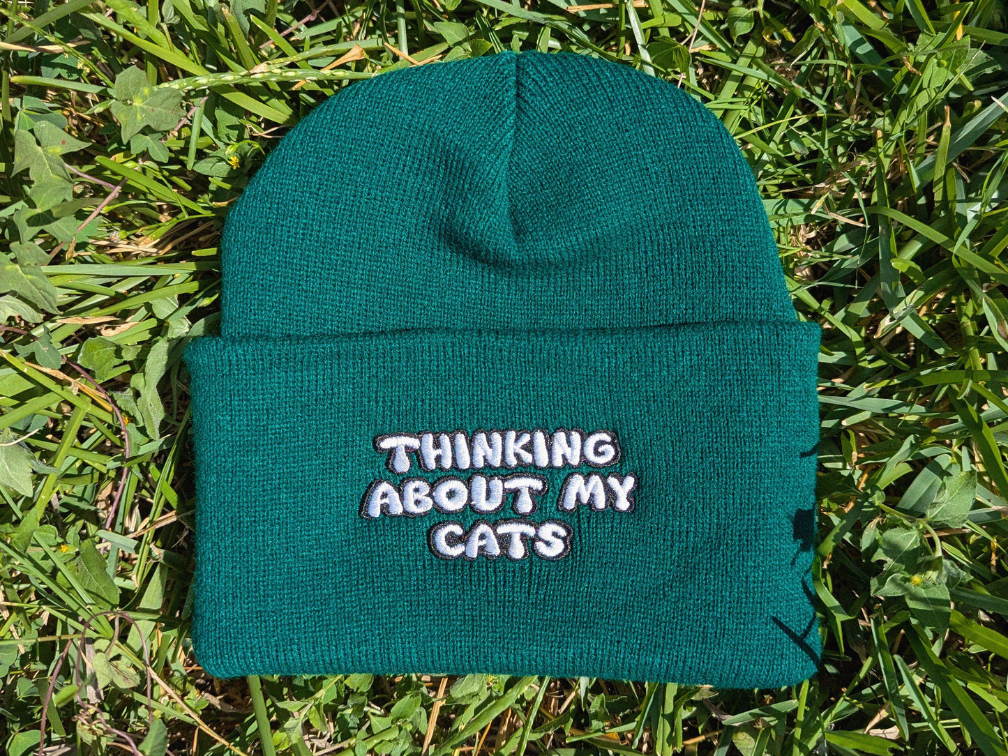 Thinking About My Cats Embroidered Beanie - Funny Cat Lover Hat Cute Winter Cap - Cat Mom Cat Dad Gift Crazy Cat Lady Headwear Pet Owner Hat