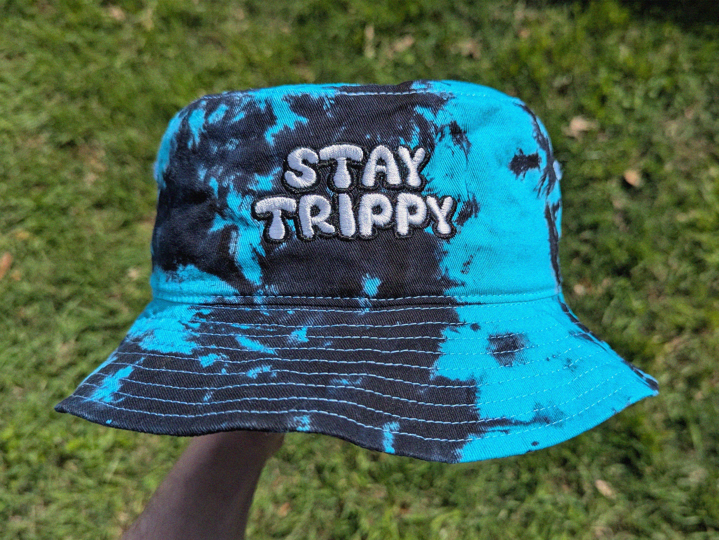 Stay Trippy - Embroidered Tie Dye Bucket Hat - Rave Outfit Accessory, Music Festival Gear, Funny EDM Raver Hat, Festival Gift Party Hat