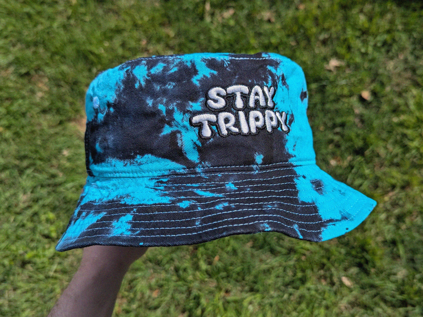 Stay Trippy - Embroidered Tie Dye Bucket Hat - Rave Outfit Accessory, Music Festival Gear, Funny EDM Raver Hat, Festival Gift Party Hat