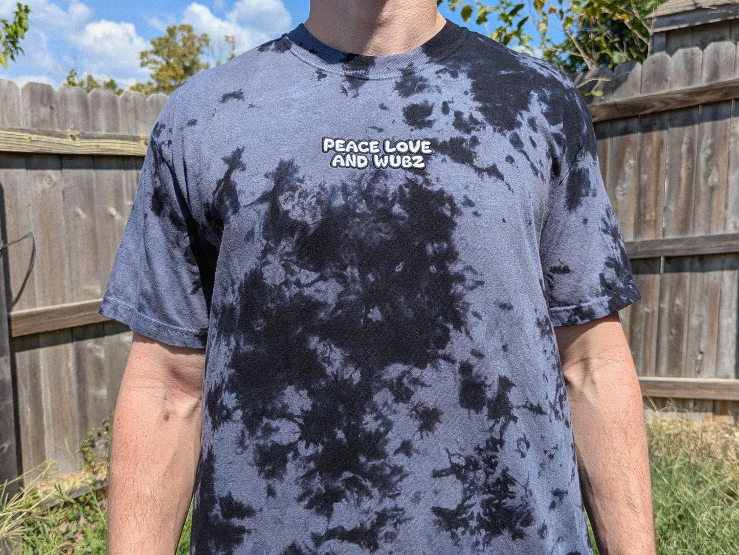 Peace Love and Wubz Embroidered Tie Dye Shirt - Festival Rave Wear EDM Bass Music Tee Rave Outfit Dubstep Basshead Shirt Festival Clothing Rave Girl Gift Mens Rave Shirts Unisex Rave Shirt