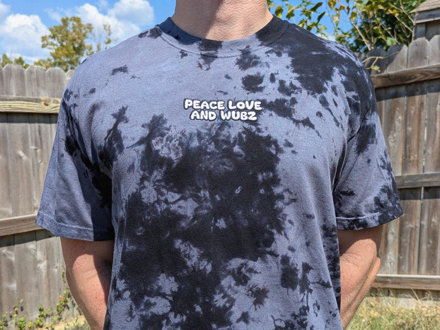 Peace Love and Wubz Embroidered Tie Dye Shirt - Festival Rave Wear EDM Bass Music Tee Rave Outfit Dubstep Basshead Shirt Festival Clothing Rave Girl Gift Mens Rave Shirts Unisex Rave Shirt