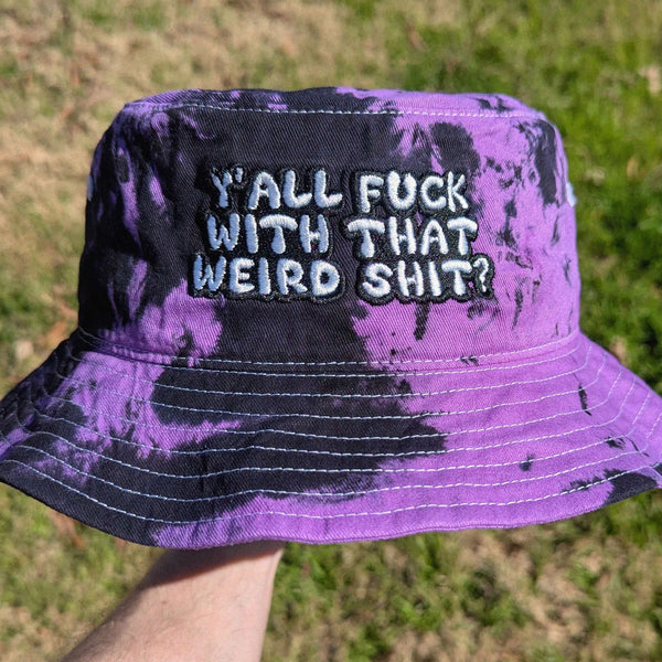 Purple and black tie dye bucket hat for festivals and raves