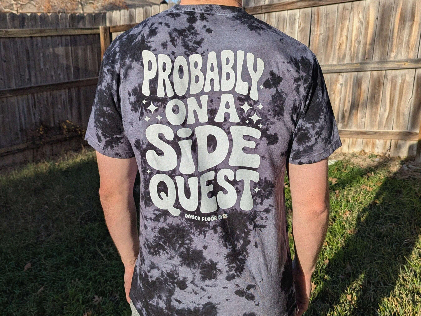 Probably on a side quest rave tee tie dye shirt for music festivals and concerts