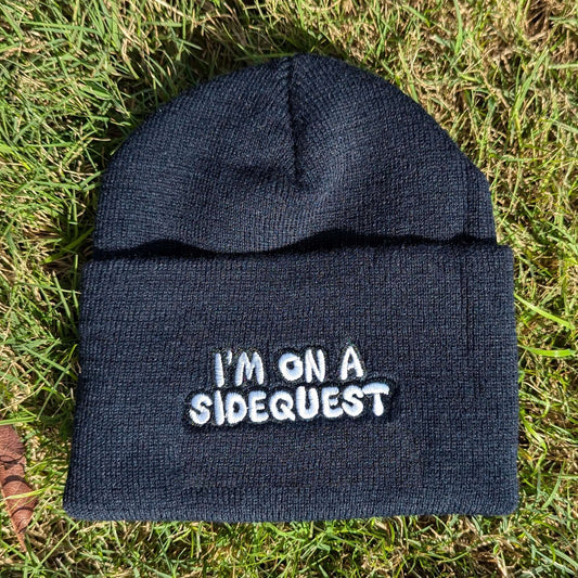Black "I'm on a sidequest" beanie. Rave beanie, music festival beanie